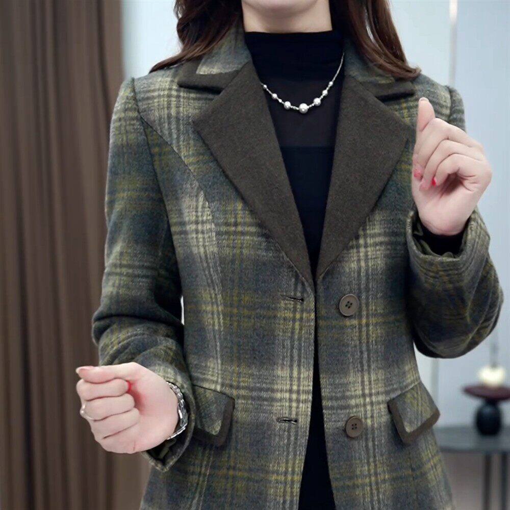 大码宽松西装领格纹时尚短款外套女2026秋季新款遮肉显瘦减龄上衣