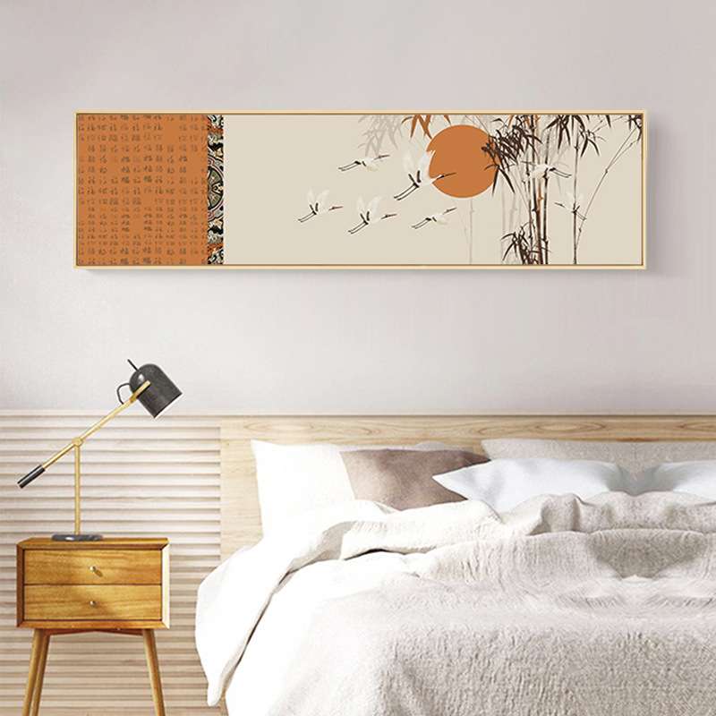 如云情 新中式卧室装饰画主卧床头橙色挂画横幅简约花鸟植物壁画图片