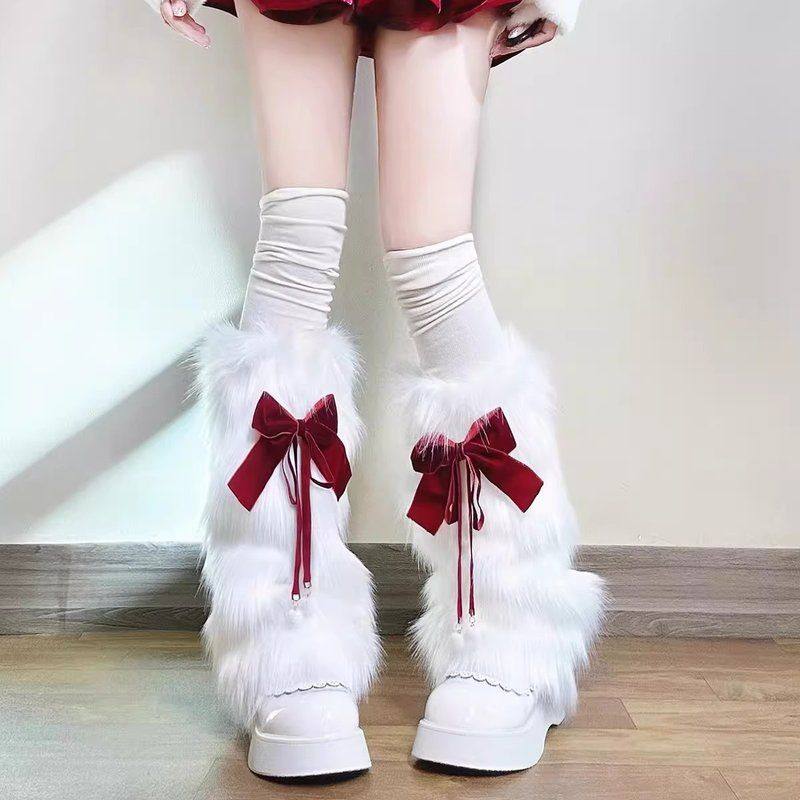 秋冬堆堆圣诞毛绒袜子新年套甜美毛绒y2k蝴蝶结丝绒袜套腿Lolita,女士内衣/男士内衣/家居服,长筒袜,淘宝优惠券,粉丝福利购,淘宝优惠卷