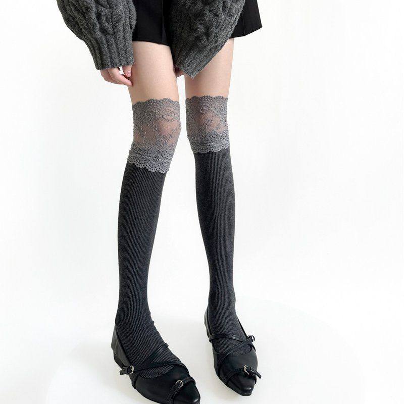 灰色堆堆镂空过膝拼接小腿花边高筒蕾丝袜袜竖条大lolita袜女秋冬,女士内衣/男士内衣/家居服,长筒袜,淘宝优惠券,粉丝福利购,淘宝优惠卷