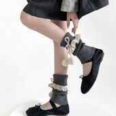 腿翻边芭蕾袜套甜美风日系风新款 秋冬可爱毛茸茸花边套毛球洛丽塔