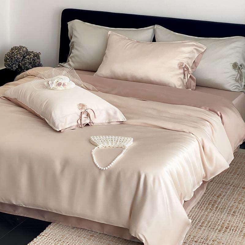 轻奢简约夏季60支天丝四件套亲肤透气裸睡灰色床笠款床单被套床品