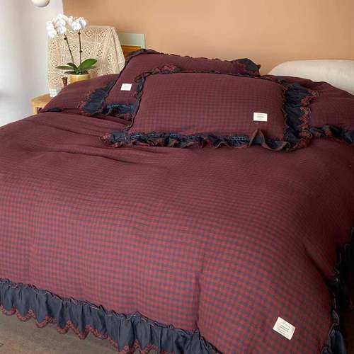 韩系复古红格全棉纯棉双层纱四件套1.5-1.8m法式黑色花边床品被套