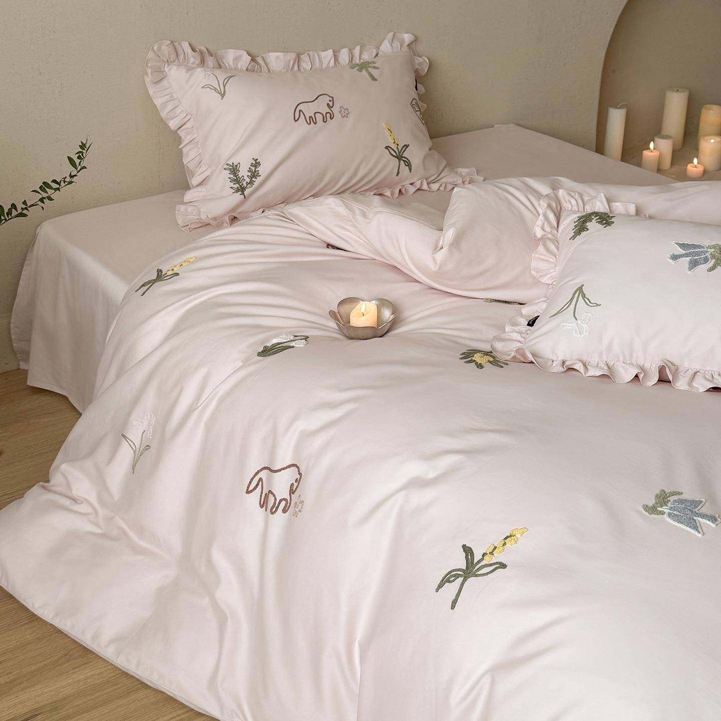 法式100s全棉磨毛毛巾绣褶皱花边四件套少女心床上用品被套粉色