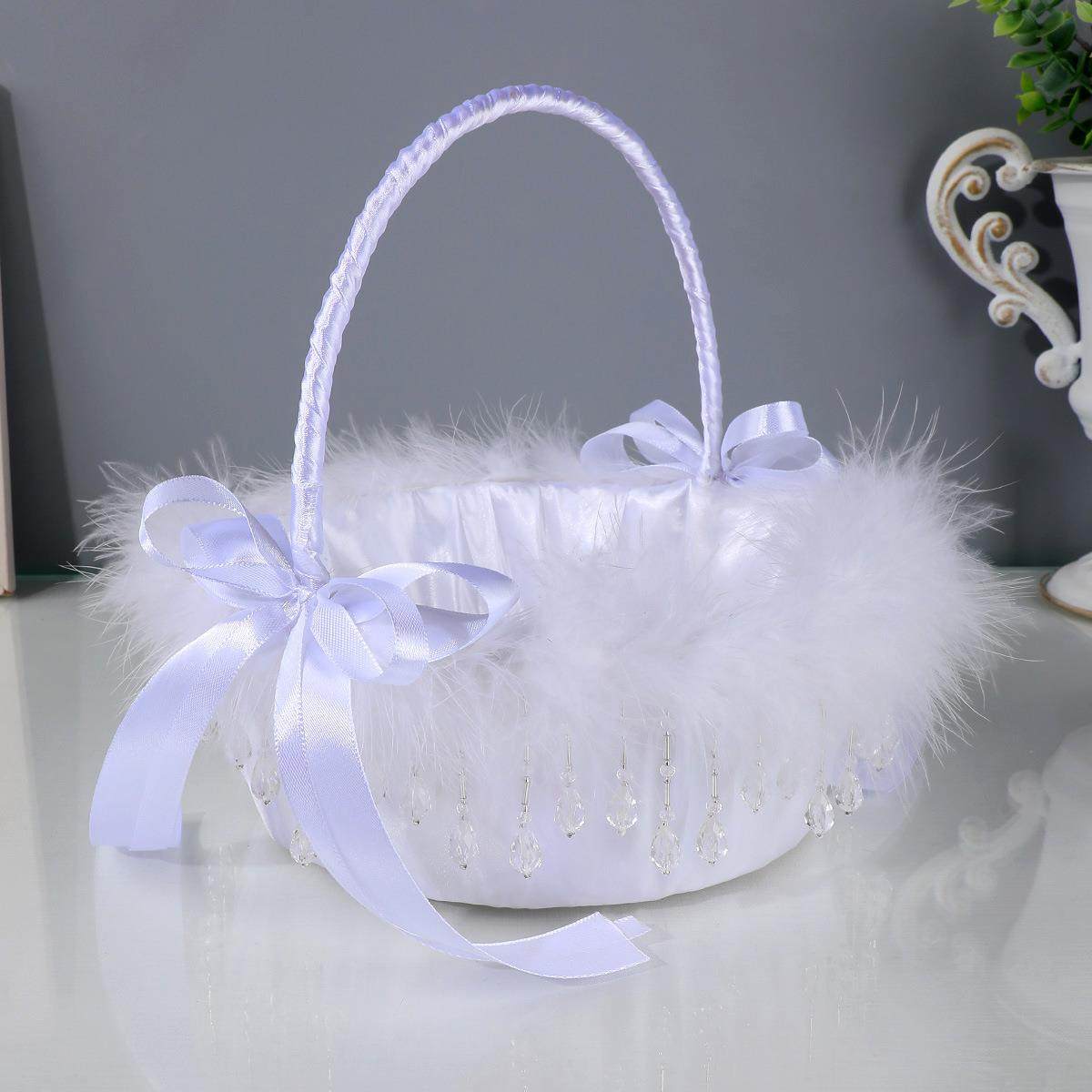 梦幻羽毛水晶装饰婚礼花篮蝴蝶结新娘花童撒花篮婚庆仪式道具提篮