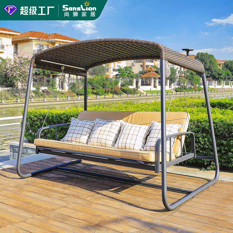 户外花园秋千吊床折叠座躺两用太阳能摇床铝合金庭院藤编铝制秋千