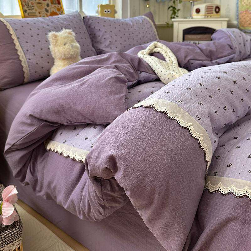 新款云感皱皱纱花边四件套加厚双层纱被套轻奢风床单三件套