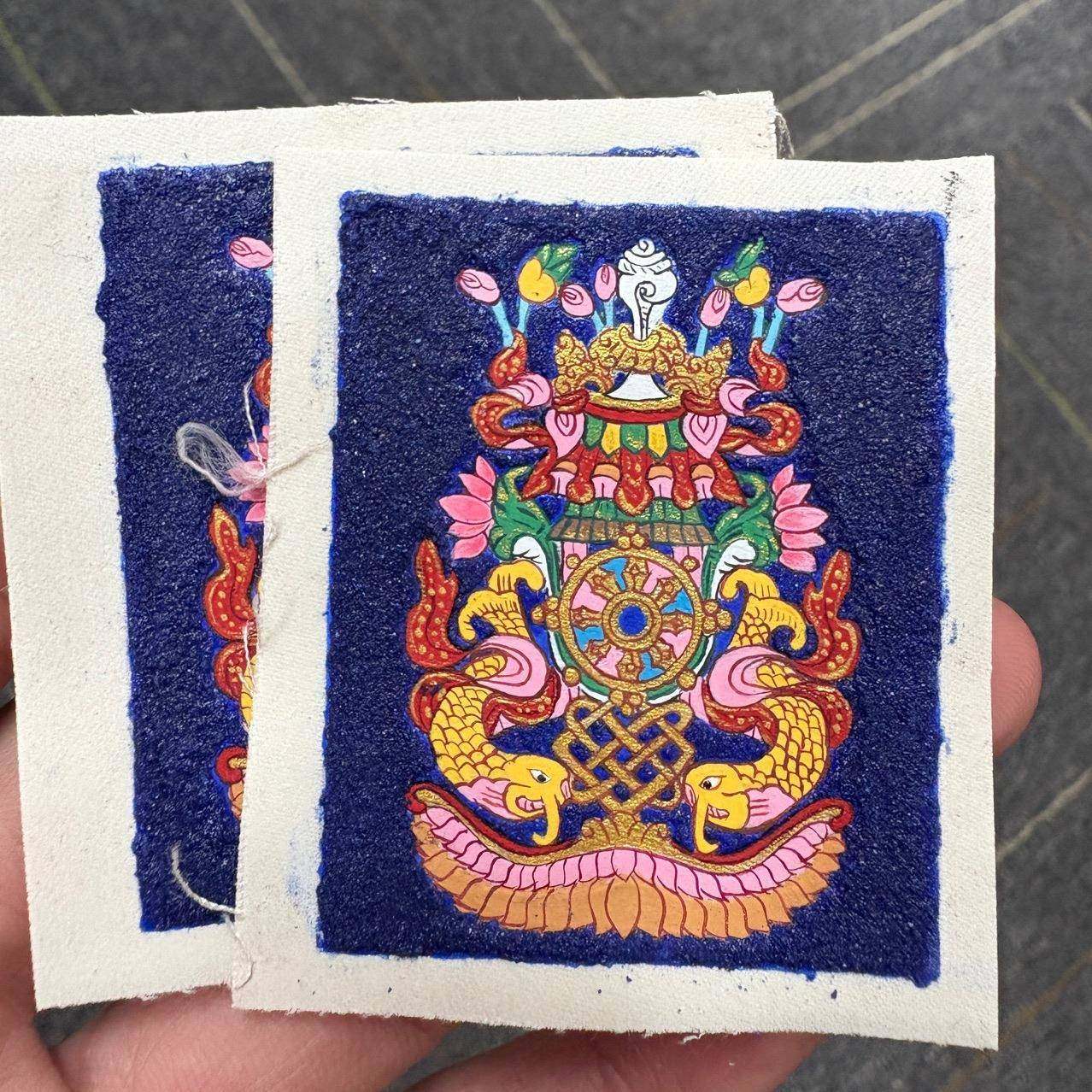 纯手绘矿物颜料唐卡吉祥八宝画心4*5卡芯