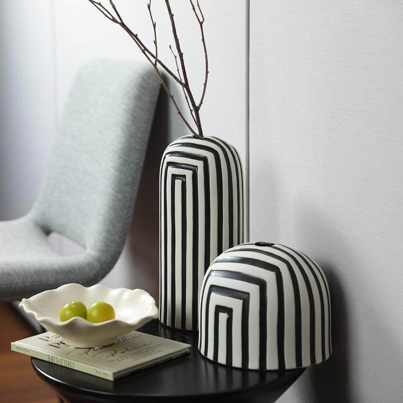 创意中古黑白条纹陶瓷花瓶 客厅插花样板间简约艺术软装饰品摆件