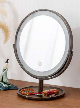 复古化妆镜led带灯家用桌面非木质卧室台式梳妆镜学生宿舍镜子
