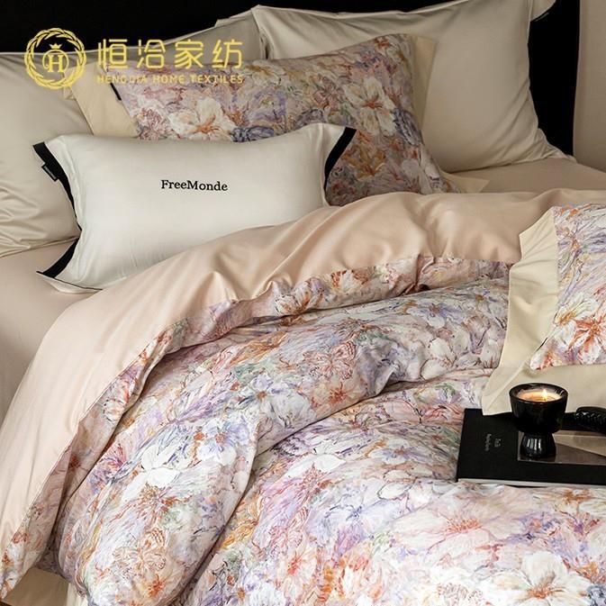 轻奢风高支长绒棉四件套全棉纯棉花卉数码印花拼角被套床品粉紫色