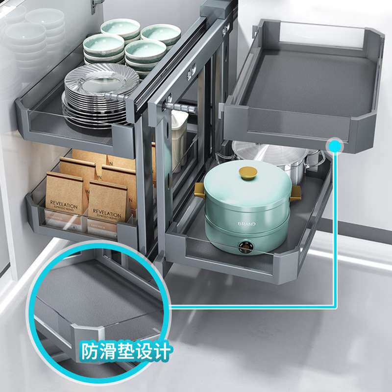 厨房橱柜旋转小怪物双层抽屉式收纳置物架全拉出阻尼缓冲拐角拉篮