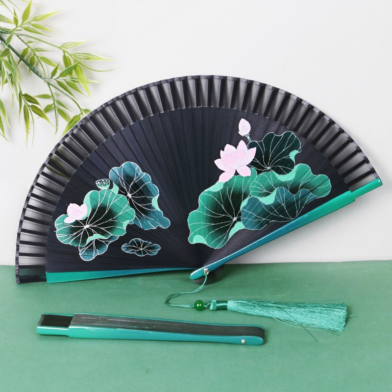 462中式全竹女子扇荷花扇半透明喷绘古M风女子折扇易开易关舞扇