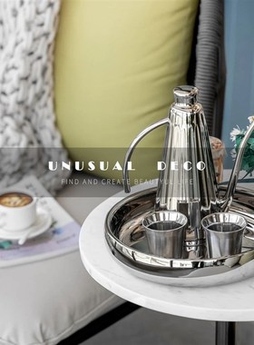 现代欧式轻奢银色金属镜面水壶水杯托盘K饰品客厅厨房样板间摆件