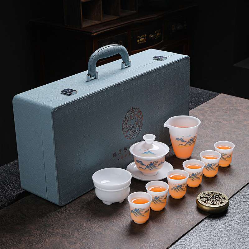 拓牌茶具套装冰种玉瓷中国白盖碗整套轻奢高档简约家用送礼茶器