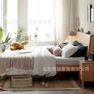 海贻全实木床现代简约舒适橡木双人床北欧卧室家用原木风斜靠大床