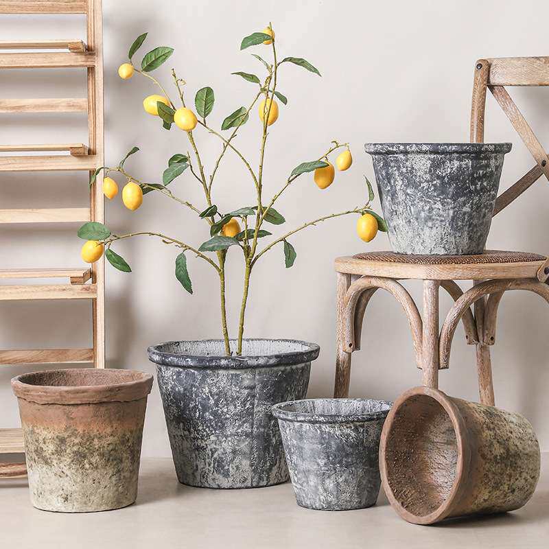 复古田园风黑陶水泥小花盆红陶仿古做旧中号绿植花器园艺手工制作