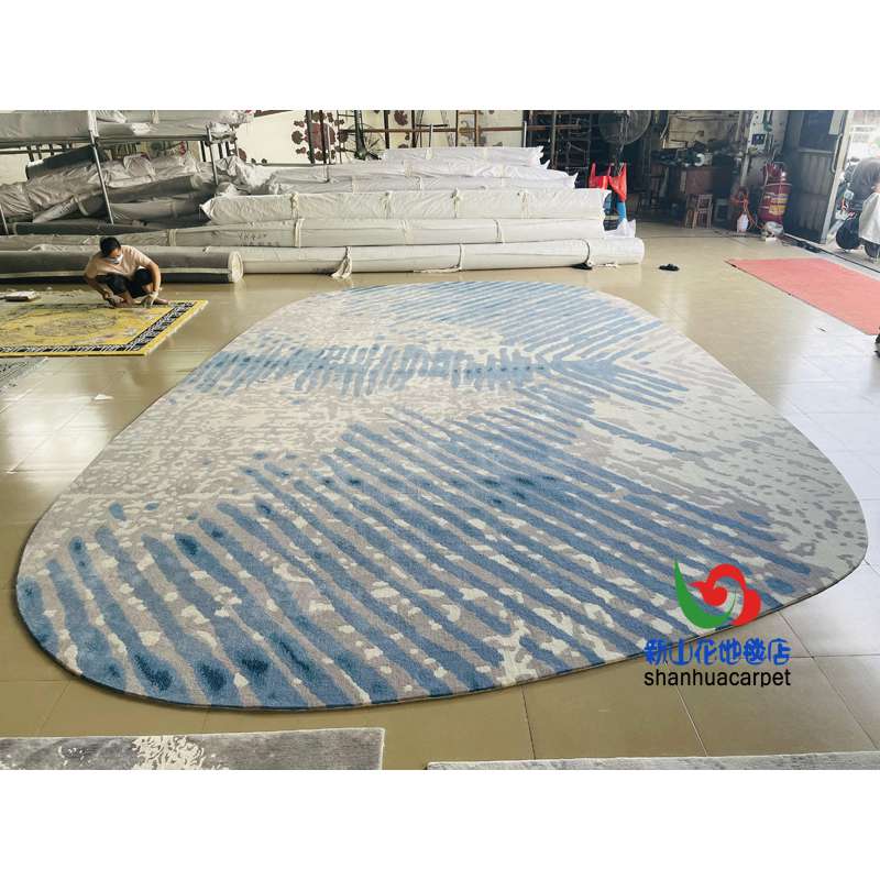 新中式蓝色椭圆形水墨画客厅茶几沙发地毯大厅接待室贵宾室会议室
