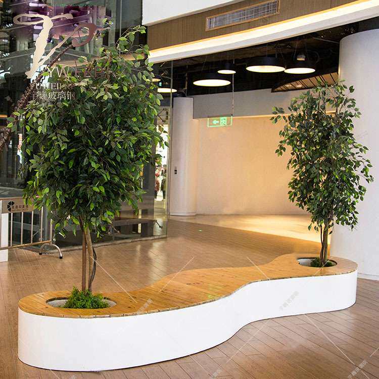 商场美陈FRP休闲椅木板座面长凳异形玻璃钢座椅创意花池坐凳组合