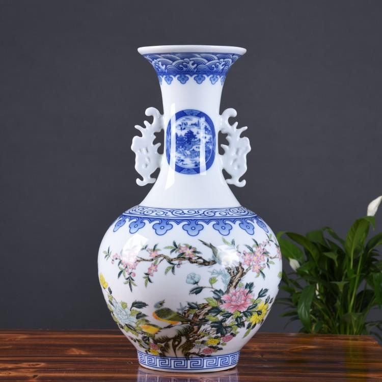 现代简约田园花瓶摆件 电视柜装饰品青花双耳复古陶瓷饰品