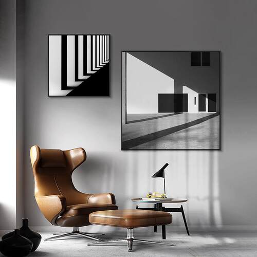 载影现代轻简约正方形装饰画黑白建筑挂画光影客厅办公室背景壁画