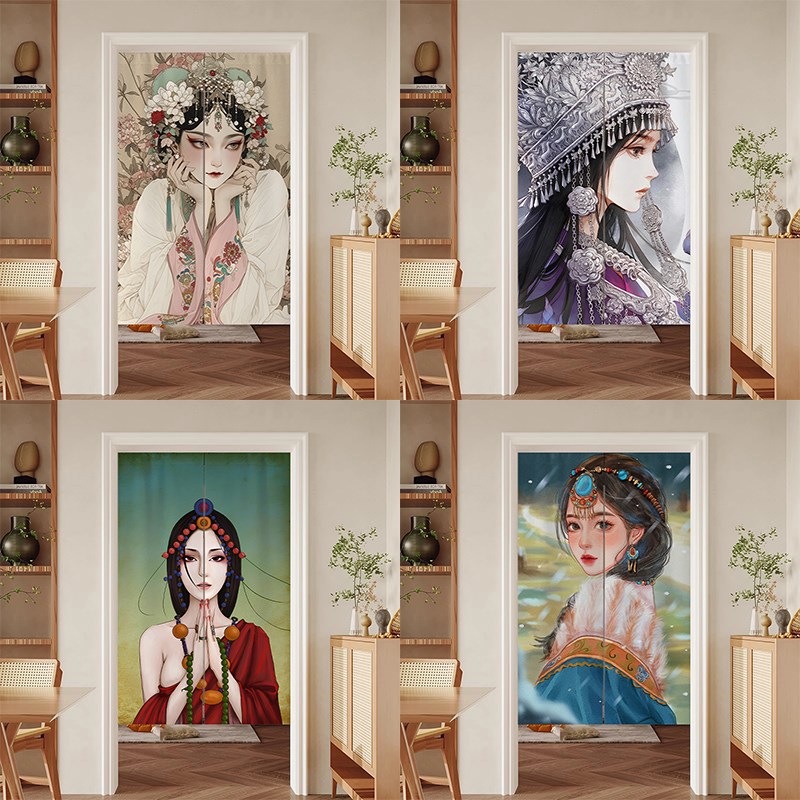 国潮戏曲花旦侍女门帘商用中国风厨房卫生L间卧室布艺隔断半帘定