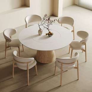 北欧实木岩板圆餐桌纯白带转盘现代简约家用饭桌原木色奶油风圆桌
