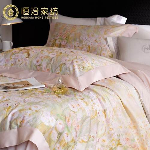 浪漫玫瑰全棉四件套柔软数码印花纯棉轻奢风被套床单床上用品粉色