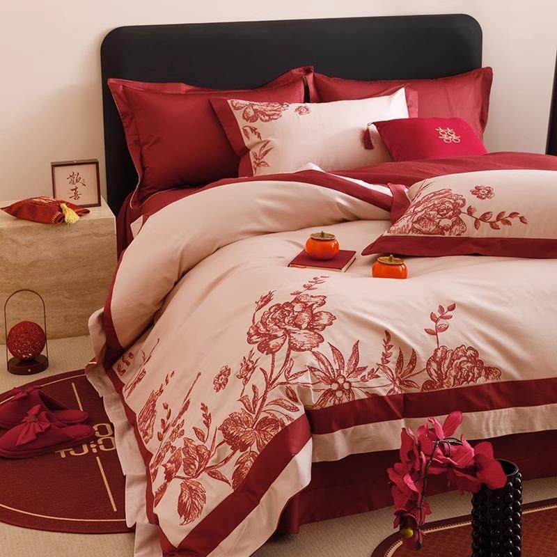 喜庆婚庆风100S全棉四件套简约花卉刺绣被套床单红色结婚床上用品