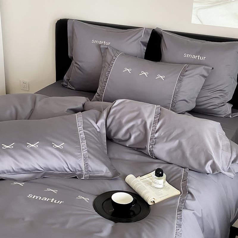 轻奢风100S长绒棉四件套全棉纯棉蝴蝶结刺绣四季款被套床上用品