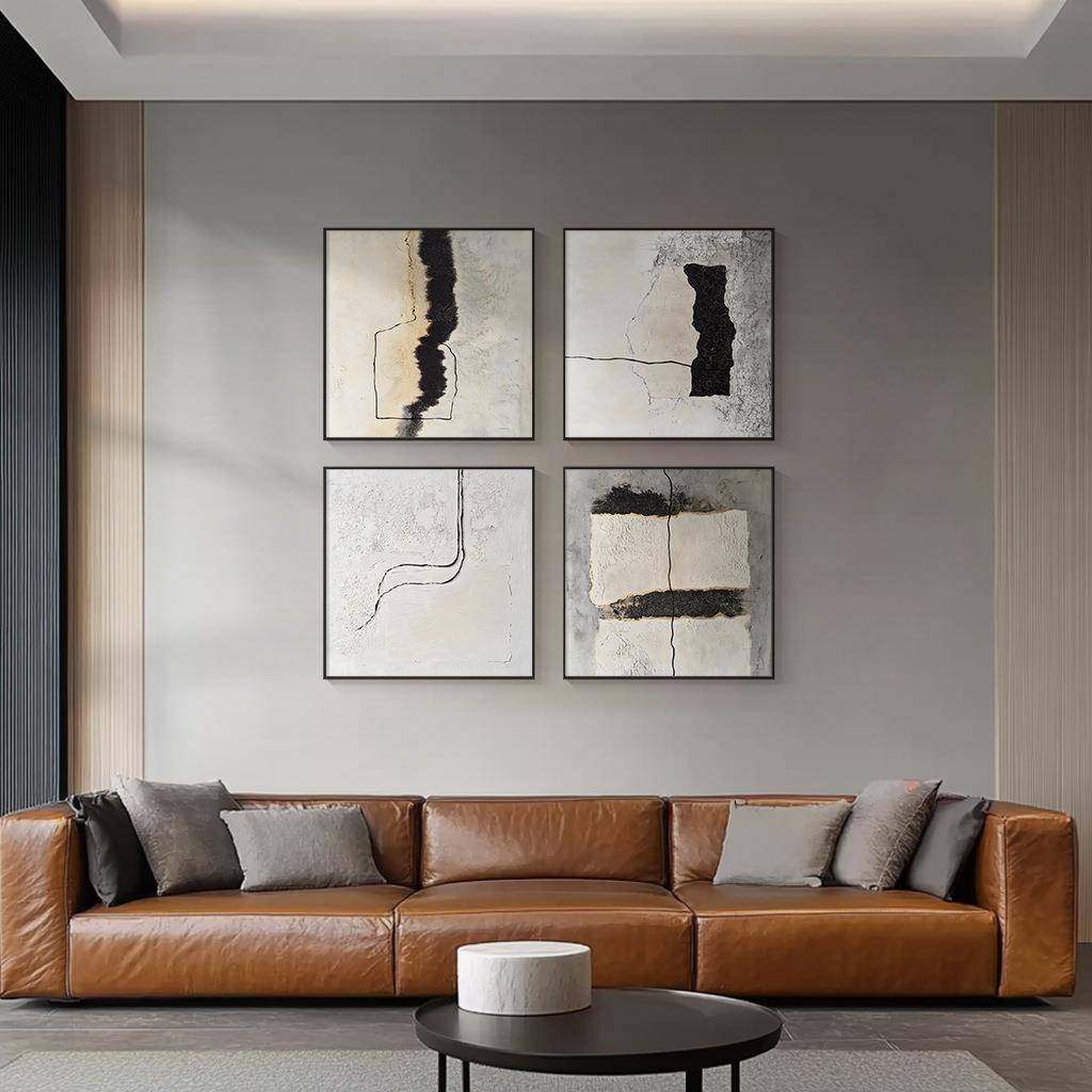 黑白灰轻奢抽象入户玄关正方形装饰画走廊尽头过道小众现代挂画