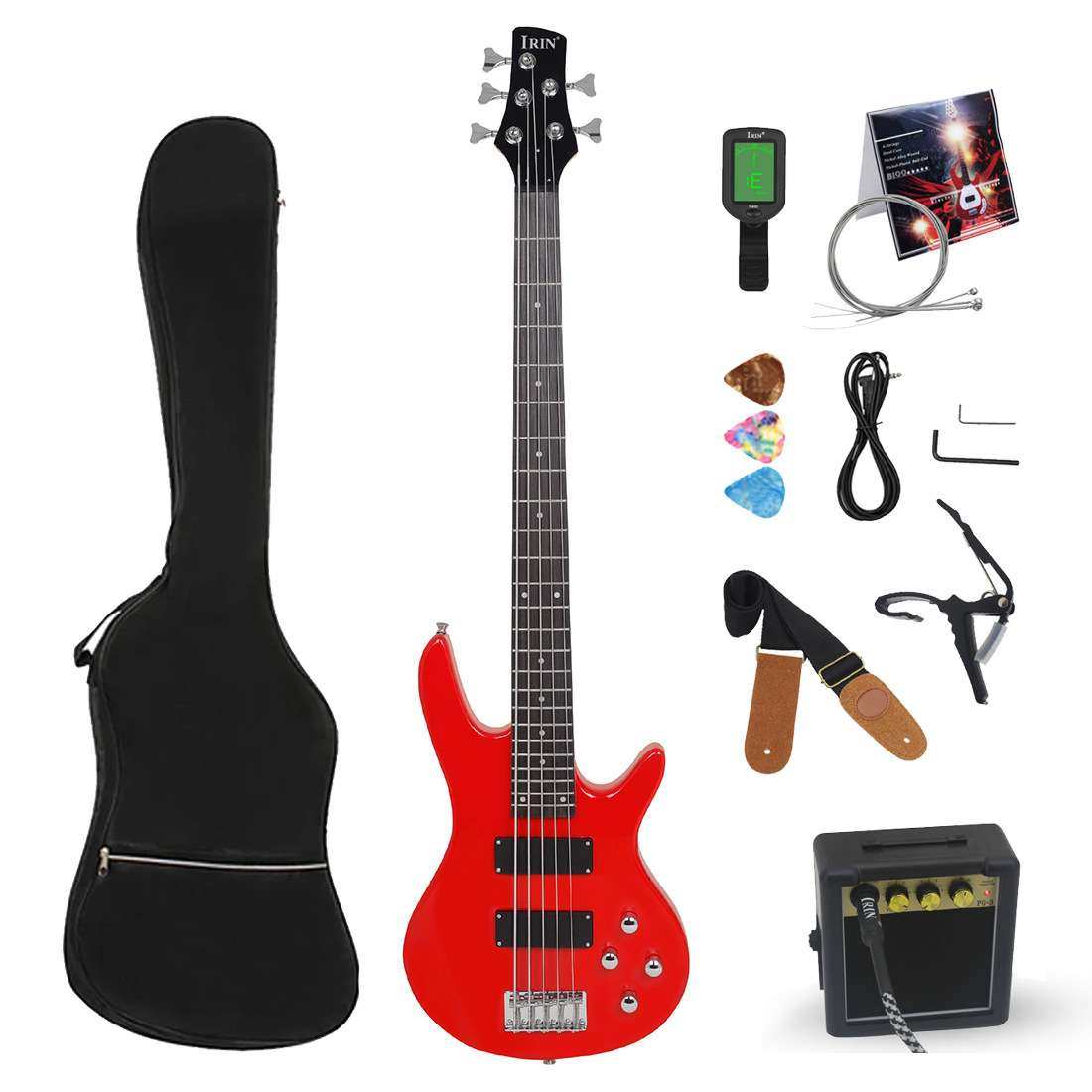 红色五弦电贝司枫木5弦电贝斯低音吉他套装专业演奏摇滚乐器