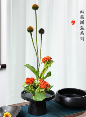 日式插花花器小原流花道中式插花创意黑色禅意陶瓷花盆水培花盘