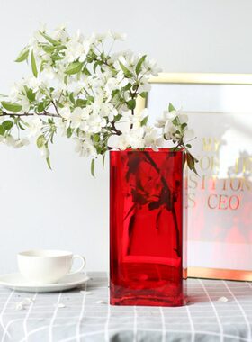 玻璃花瓶落地富贵竹大号大红色插花现代cm40家居方形50客厅百合花