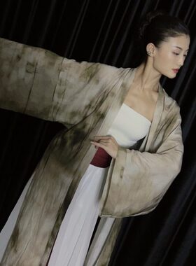 纱水墨Z盖纹理感盖古典男女中式开衫同款古风扎染衣绿Y衫长W