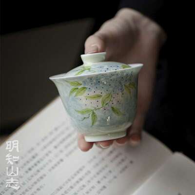 明知山志 果青蓝风铃华初盖碗 手绘小清新陶瓷盖碗玉泥家用泡茶碗