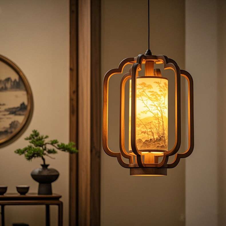 宋代美学新仿古房子茶室餐厅玄关角落边的宋氏装修风格实木小吊灯
