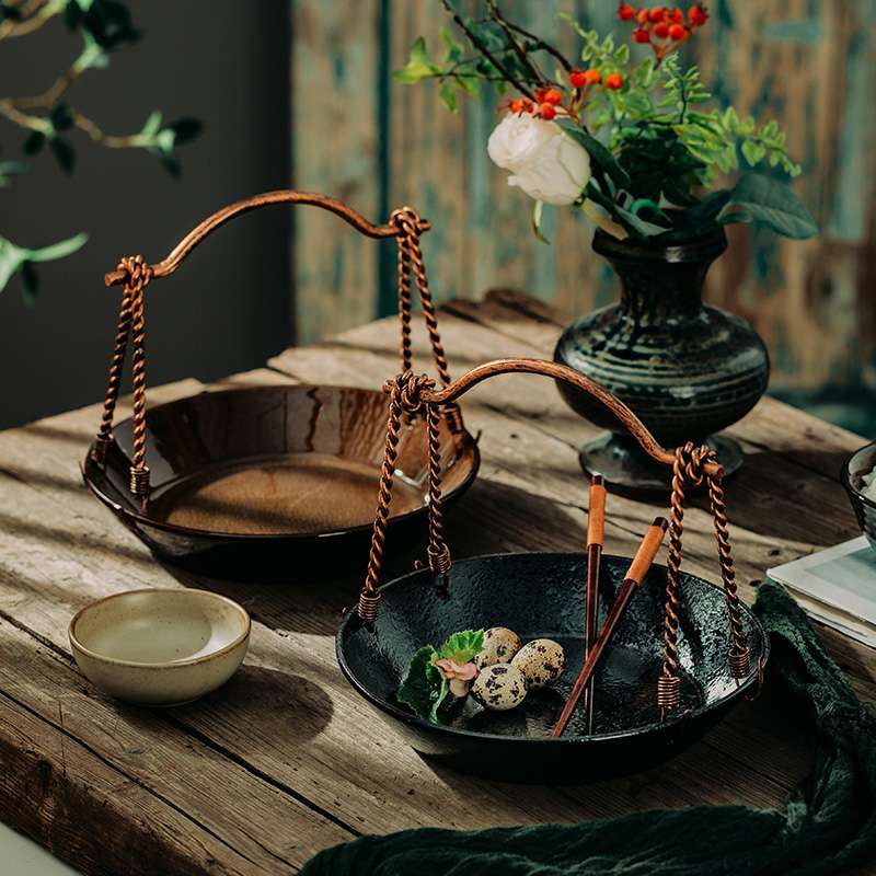 日式陶瓷提手盘子菜盘网红特色酒店农家乐餐厅深盘艺术摆盘感