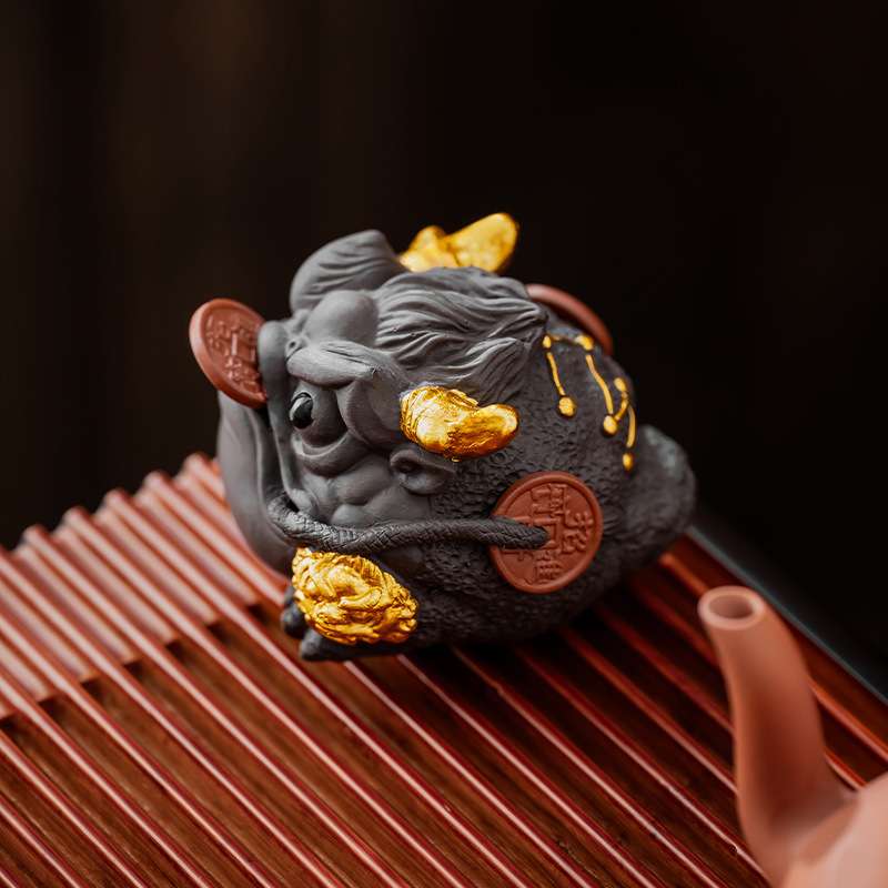 紫砂貔貅金蟾茶宠摆件精品可养仿古茶桌茶台可旋转招财蟾蜍玩
