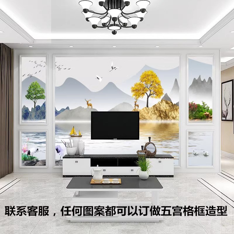 客厅电视背景墙壁纸新中式壁画202E4新款山水画壁布影视墙墙布定