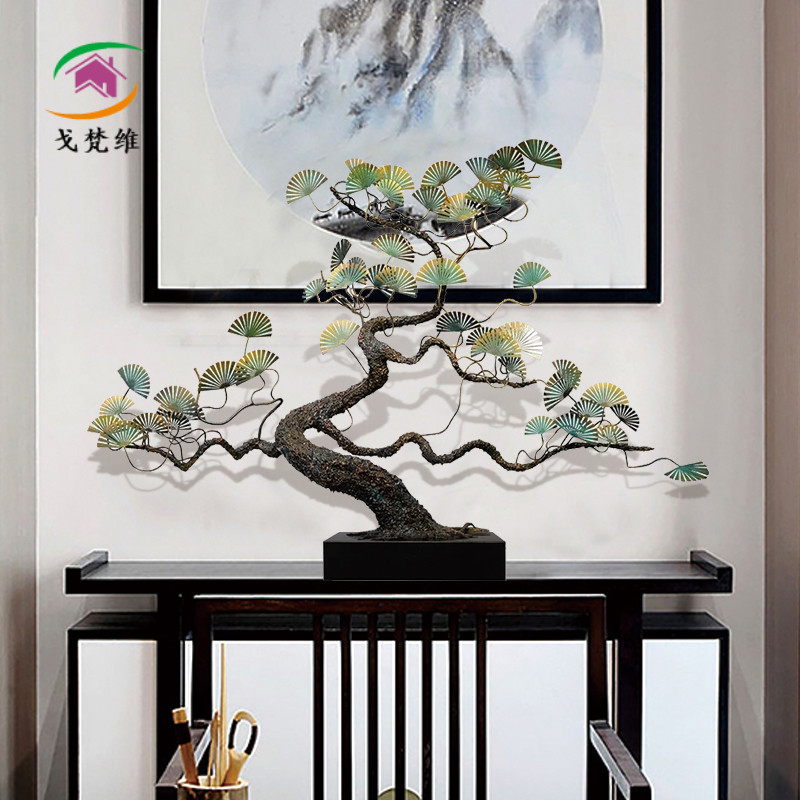 新中式金属迎客松摆件n玄关客厅桌面铁艺松树雕塑酒店招财树工艺