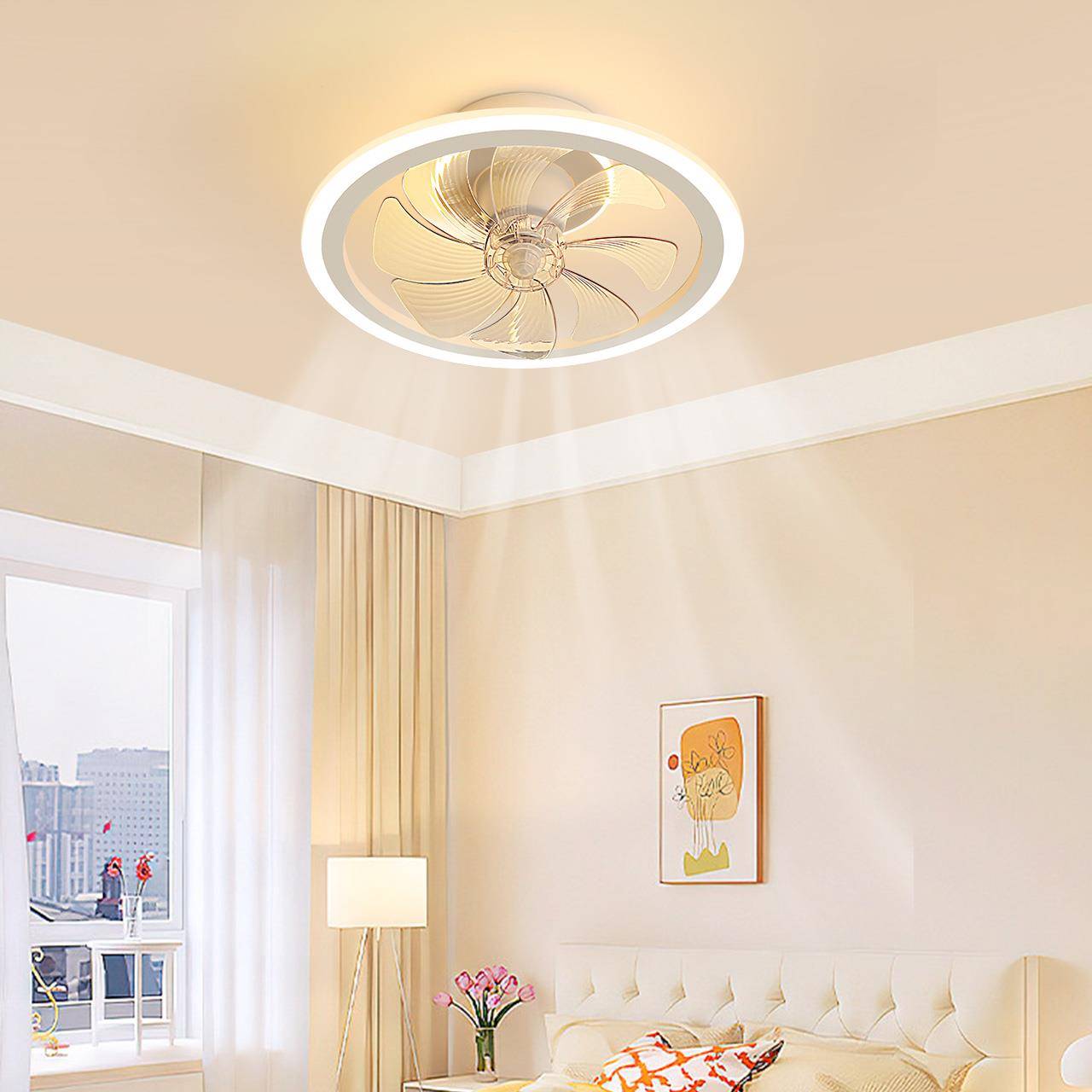 吸顶风扇灯新款现代简约卧室柔风静音摇头风扇一体吸顶灯中山灯具