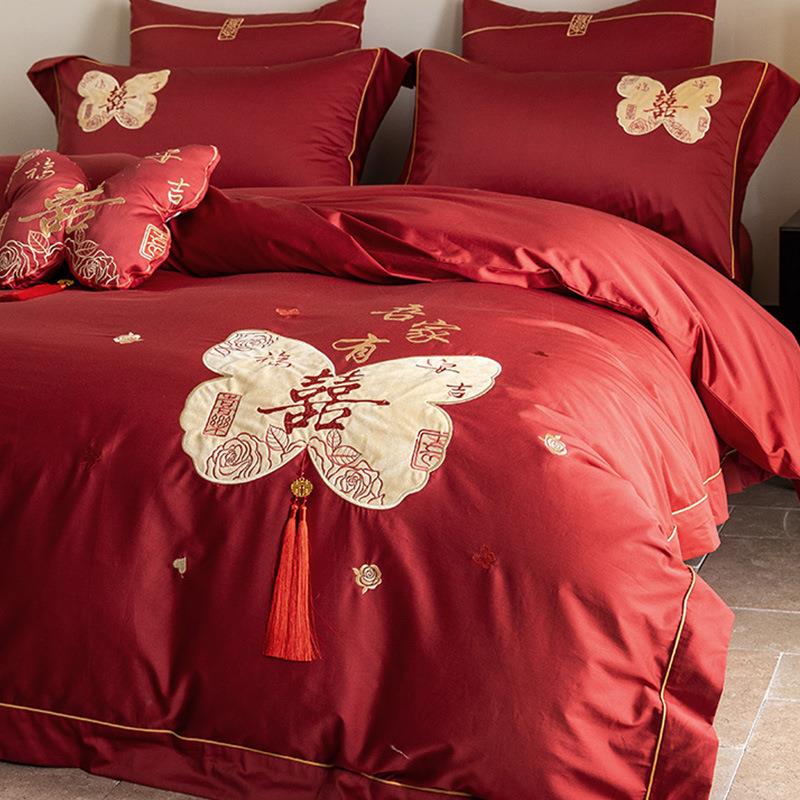 浪漫婚庆四季长绒棉四件套红色喜刺绣中式流苏结婚纯棉被套床品