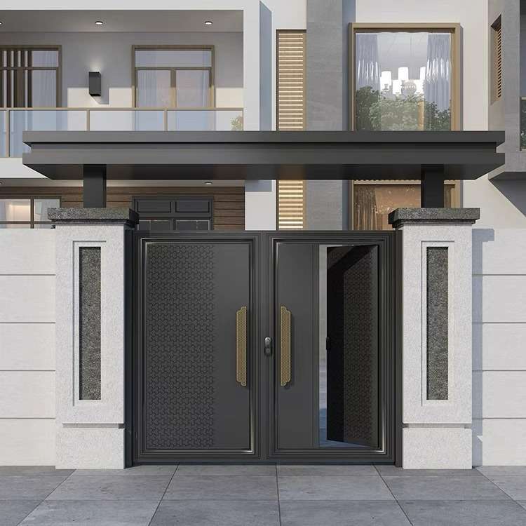 新中式庭院门电动对开平移门铝合金农村大门不锈钢花园门围墙门楼