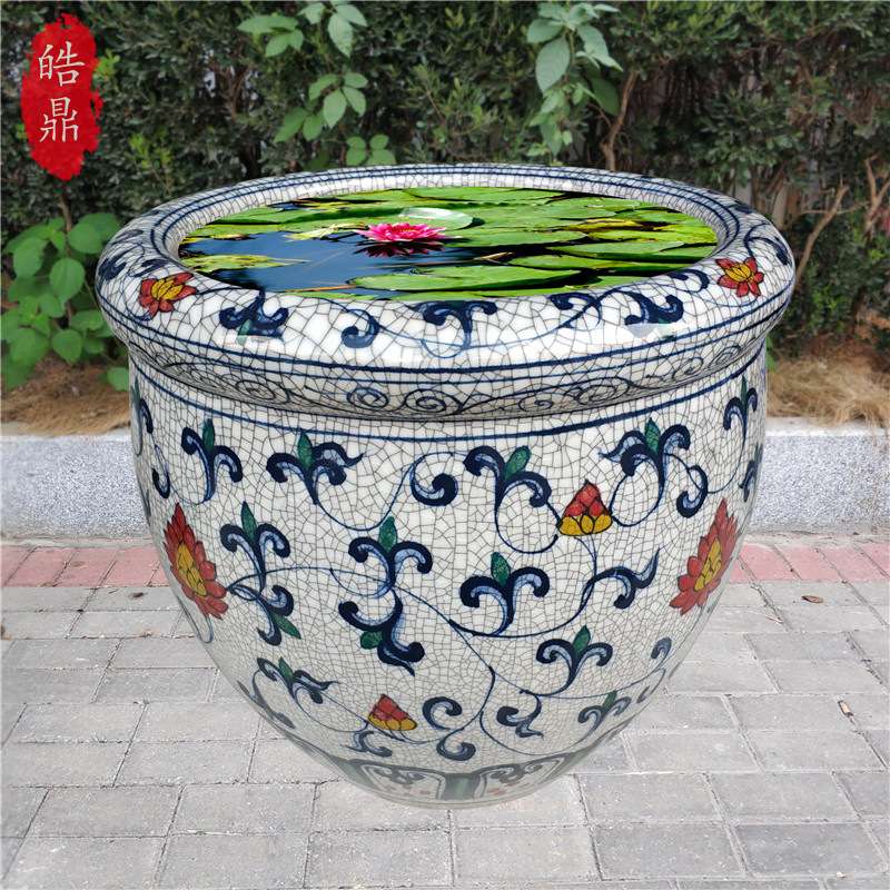 仿古手绘开片裂纹缸 园林裂纹缸书画缸青花瓷鱼缸装饰摆件荷花缸