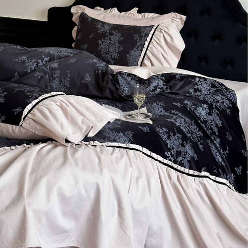 全棉磨毛提花鎏金绒中古风四件套纯棉法式荷叶边全棉床单