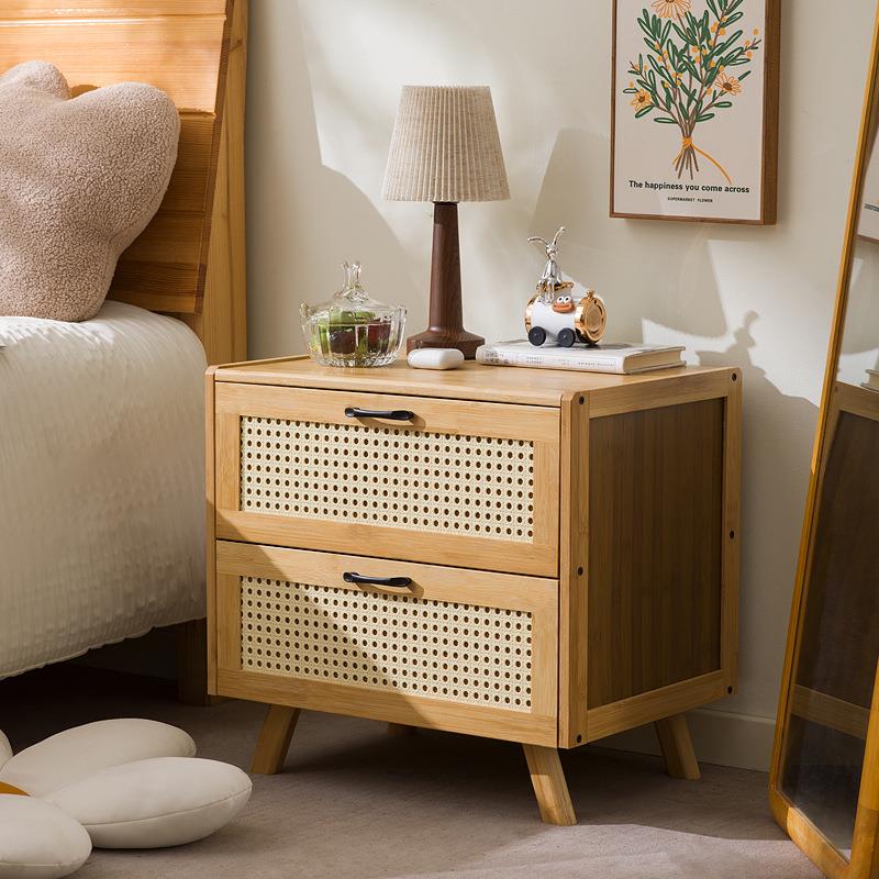 中古风实木床头柜藤编家用床边柜简约卧室床头柜落地式收纳组合柜