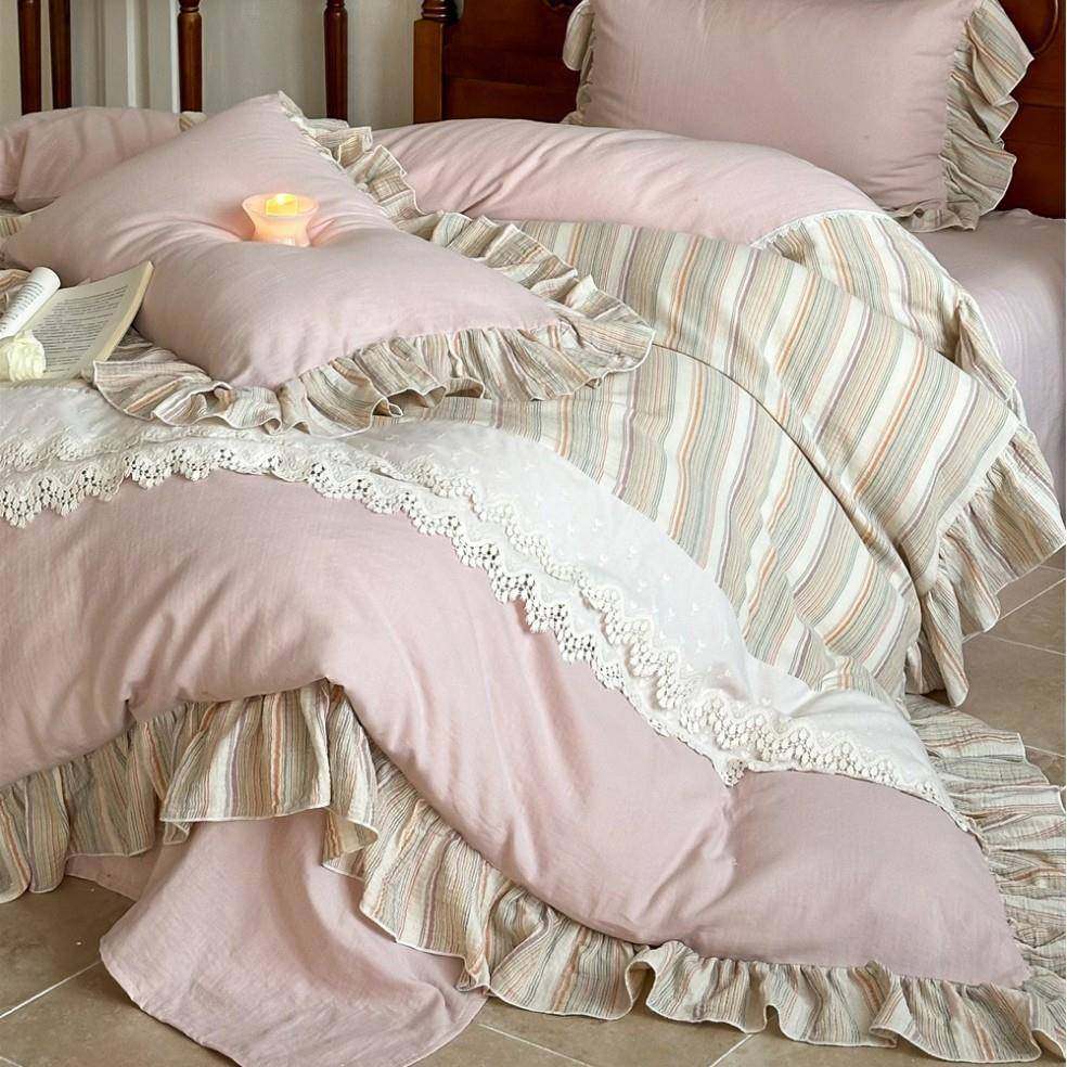 法式全棉色织水洗双层纱四件套清新蕾丝花边纯棉被套床单1.8m床品