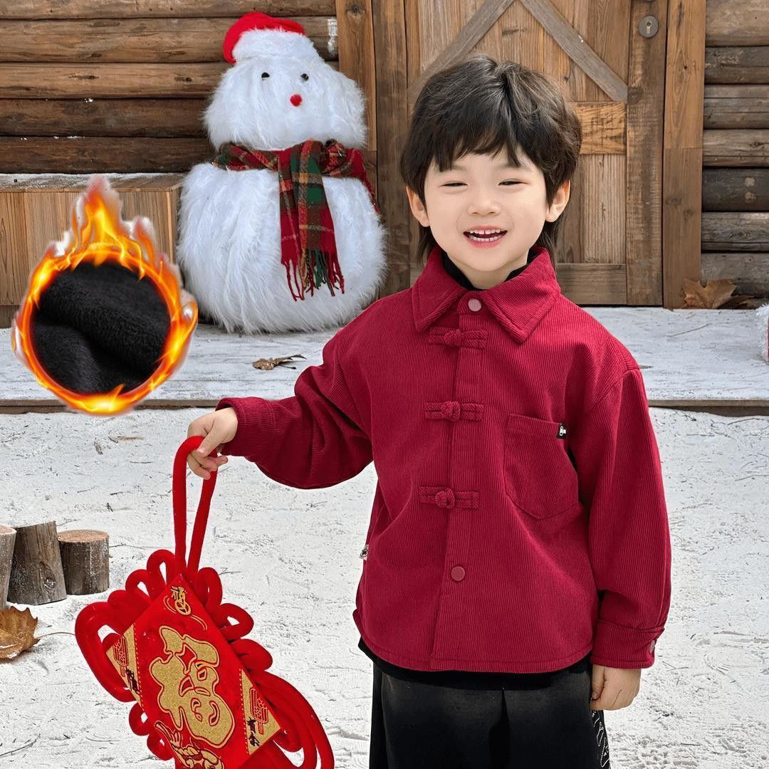 男童新年喜庆加绒加厚衬衫外套新中式红色中国风儿童中小童拜年服