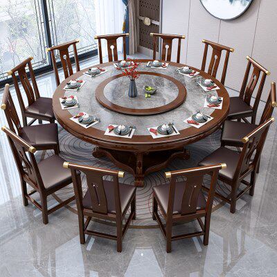实木餐桌圆形新中式高档内嵌岩板大圆桌别墅饭桌2电动转盘1.8米M